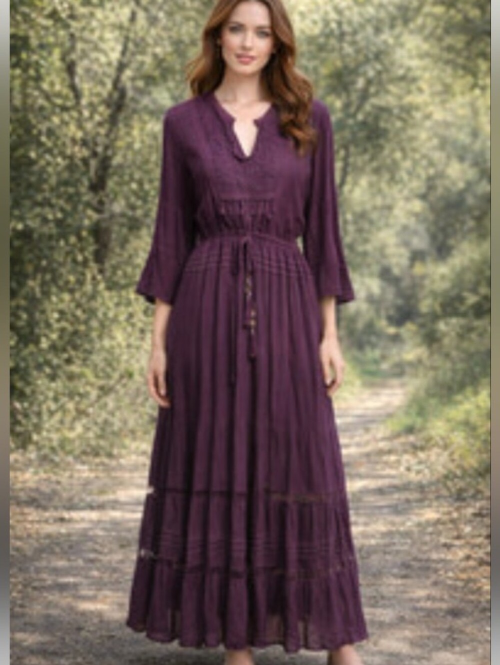 Reba Moonlight bliss  deep Plum Maxi Dress with Smocked Waist and Tie